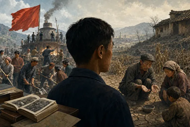 AI-generated editorial illustration for an article about the Great Leap Forward and famine in China.