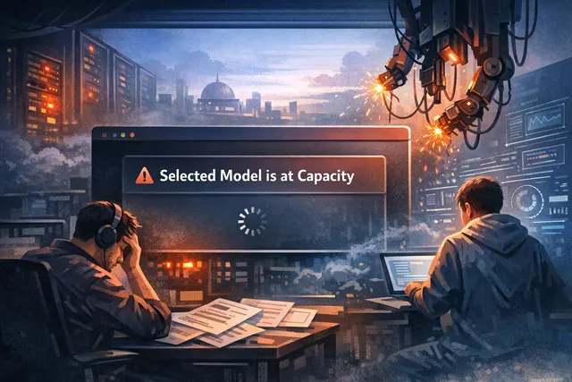 A stressed terminal window displaying the 'Selected Model is at Capacity' error message during the OpenAI Codex outage in June 2026.