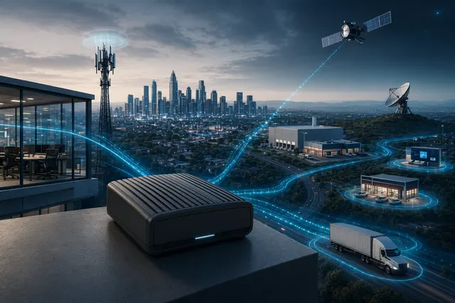 Illustration of Ericsson Cradlepoint W2255 enabling enterprise wireless WAN connectivity with 5G and satellite links