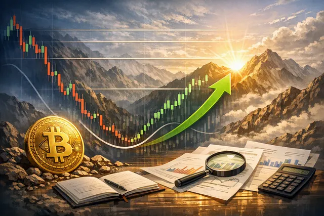 Editorial illustration of Bitcoin testing resistance during a potential cycle reversal