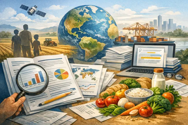 A market scene with fresh fruits, vegetables, and grain bins, with a price tag overlay showing a rising trend, illustrating the rising cost of a healthy diet.