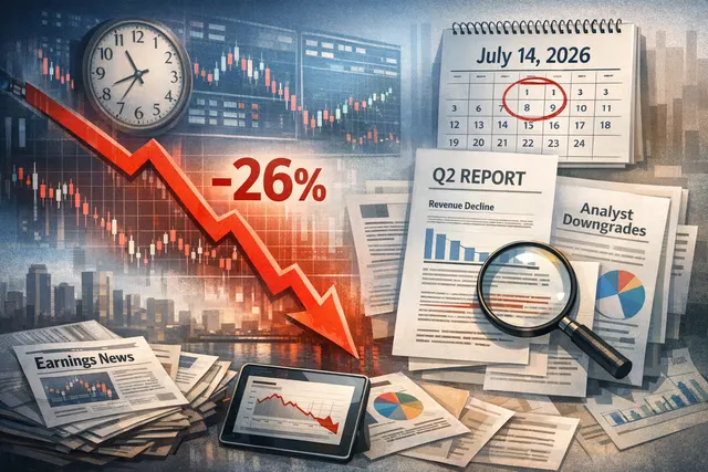 IBM stock chart showing a sharp 26% decline on July 14, 2026, with the company's logo overlaid on a red candlestick chart