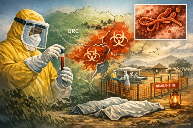 Microscopic illustration of the Bundibugyo virus, the rare Ebola strain causing a cross-border outbreak in the Democratic Republic of the Congo and Uganda in 2026.