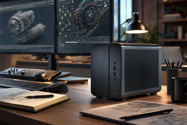 AI-generated editorial illustration representing a compact workstation for local AI and professional computing; not a photograph of the iBUYPOWER Pro AMD AI Halo.