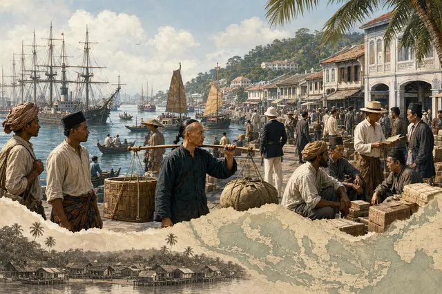 Illustrative scene of 19th-century migration to Singapore, with ships approaching a busy port and people from different communities.
