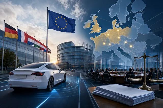 Editorial illustration accompanying coverage of Tesla FSD (Supervised) approval in Europe