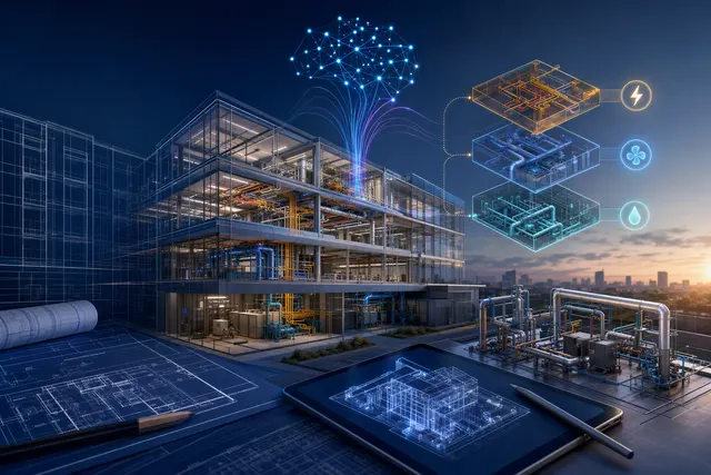 Editorial illustration of AI-assisted MEP engineering workflows