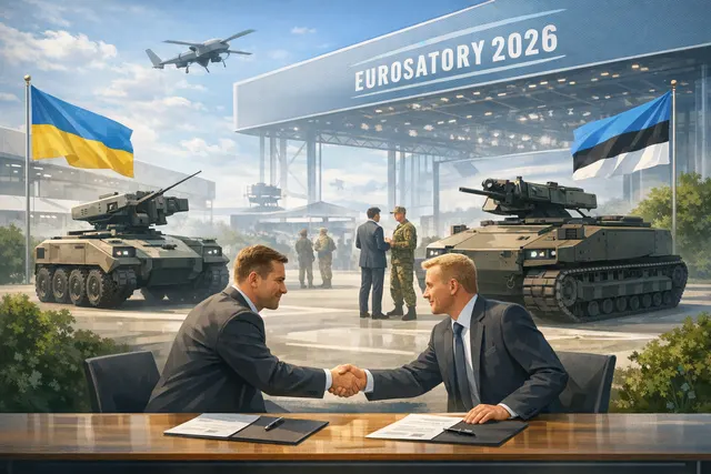 AI-generated editorial image of military unmanned ground vehicles and drones at a defense exhibition, representing Eurosatory 2026 partnership announcements between Ukrainian and E