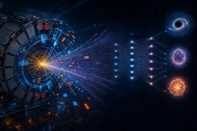 Editorial illustration of particle-collision data and a microscopic black-hole search at the Large Hadron Collider