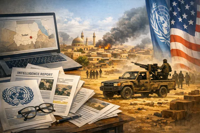 An abstract or symbolic image representing the crisis in El Obeid, Sudan, with themes of conflict, siege, and humanitarian risk.