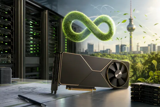 AI-generated editorial illustration accompanying coverage of Nvidia GPU longevity and residual value.