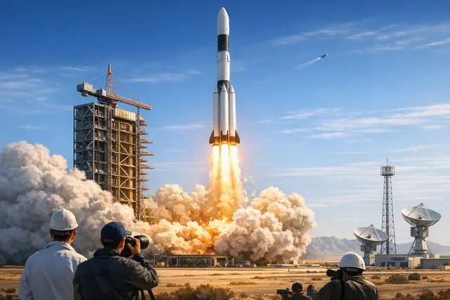 Editorial illustration of Galactic Energy’s Pallas-1 liquid-fueled rocket launching from Jiuquan
