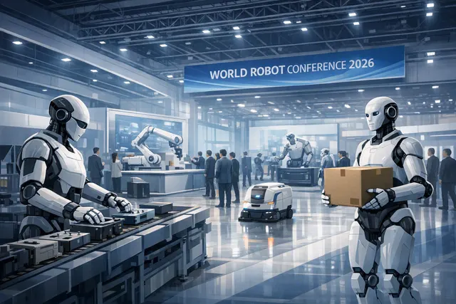 Humanoid robots sorting parcels and packing products at a modern Chinese robotics exhibition