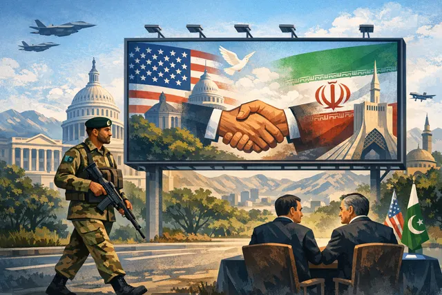 Ishaq Dar and Marco Rubio shaking hands in the Treaty Room of the State Department, representing U.S.-Pakistan diplomacy on the Iran conflict.