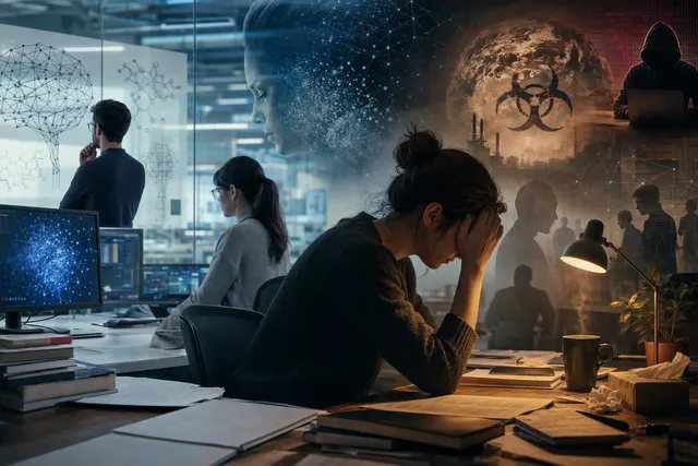 Editorial illustration representing the pressure on frontier AI safety researchers evaluating advanced AI systems