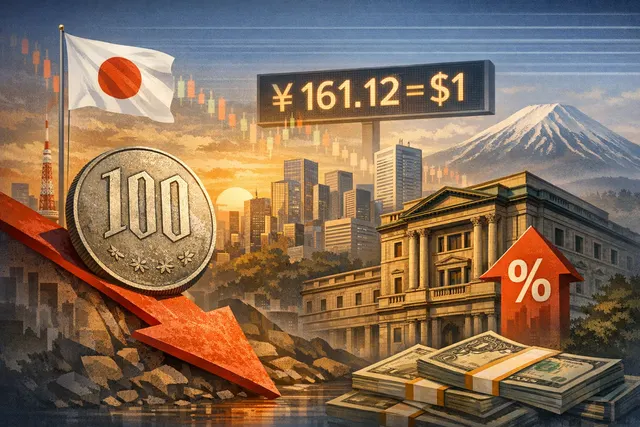 Graphic showing Japanese yen banknotes and a declining exchange rate chart against the US dollar, with the yen near 161 per dollar