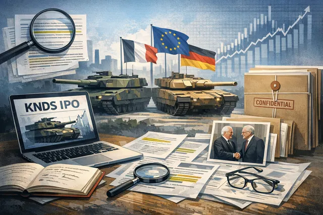 AI-generated editorial image representing the KNDS IPO: a Leopard 2 tank silhouette set against financial charts and the flags of Germany and France, symbolizing the landmark defen