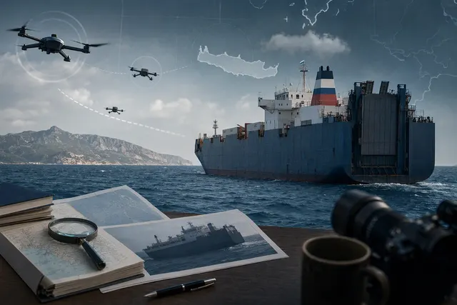 Editorial illustration of a cargo ship in the Mediterranean amid a reported drone incident