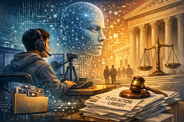 Editorial illustration of a Twitch livestream and creator content being processed by generative AI, representing the lawsuit against Twitch and Amazon