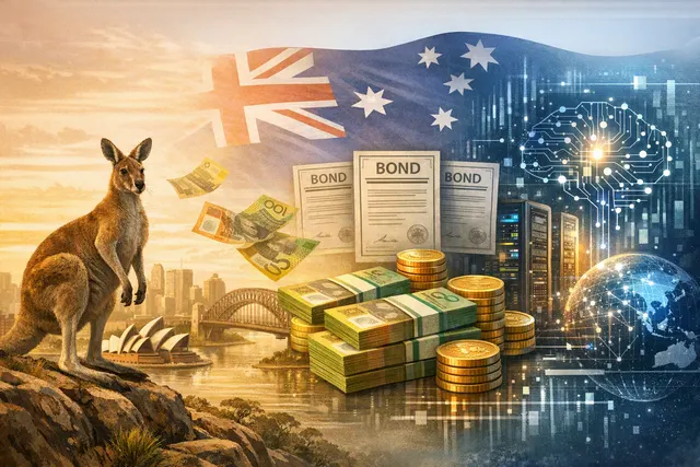Editorial illustration of Alphabet raising Australian-dollar Kangaroo bonds to finance AI infrastructure