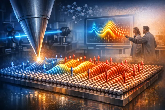 Conceptual rendering of magnon momentum microscopy with soft X-rays illuminating a magnetic thin film, revealing spin-wave diffraction patterns in momentum space.