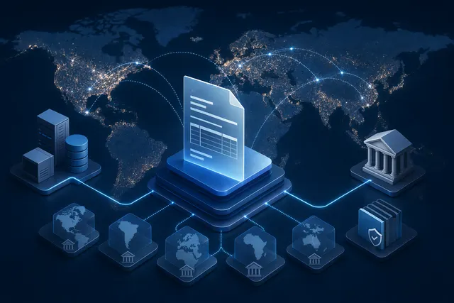 Concept illustration of API infrastructure connecting global tax systems and e‑invoicing networks