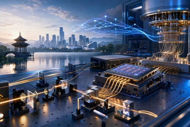 Abstract editorial illustration of photonic quantum computing and optical network connections