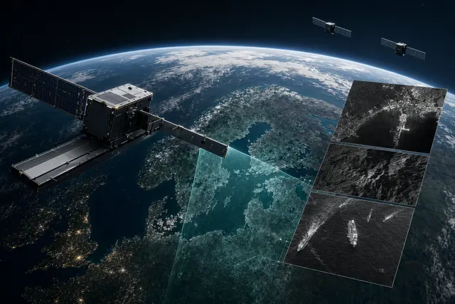 Illustration of a synthetic aperture radar satellite observing Earth