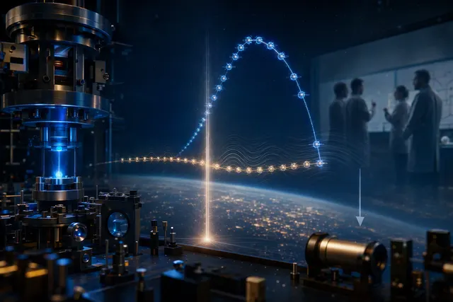 Editorial illustration of ultracold atoms in a quantum interferometer experiencing Earth’s gravity