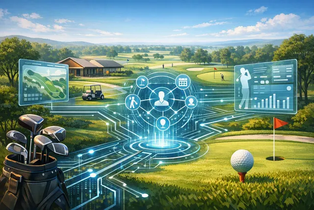 Editorial illustration of connected golf-club technology and a golfer using a digital platform
