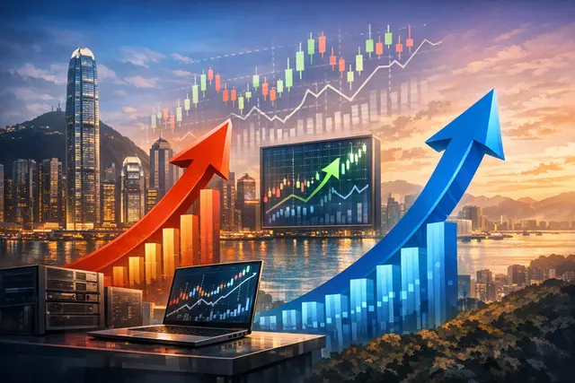 Illustration of AI-driven stock market growth with upward trending graphs and server hardware icons
