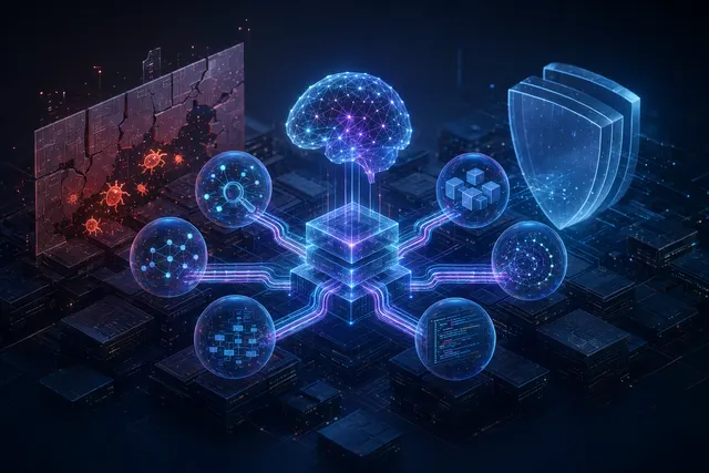 Concept illustration of AI agents scanning code to detect cybersecurity vulnerabilities