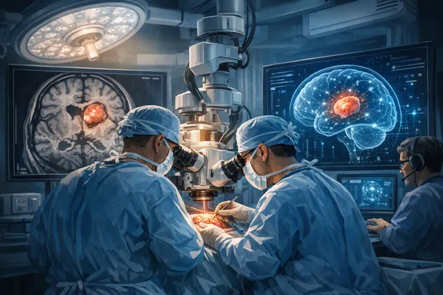 Editorial illustration of real-time AI assisting surgeons during pituitary-tumor removal