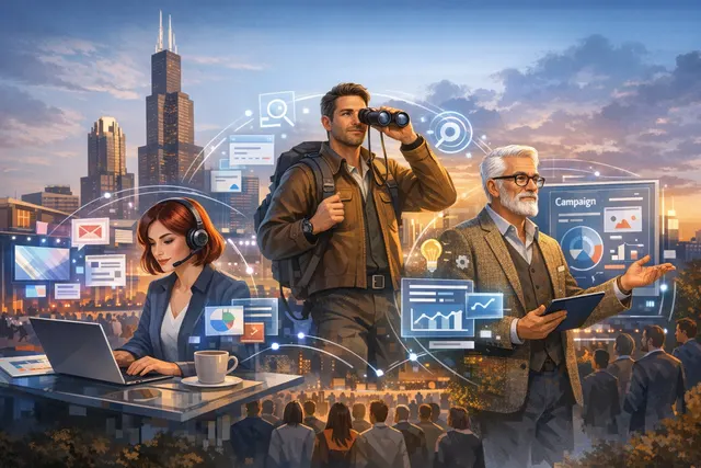 Illustration of four AI robot agents collaborating on a marketing dashboard, representing Piper, Hunter, and the two new Agentforce agents launched at Salesforce Connections 2026.