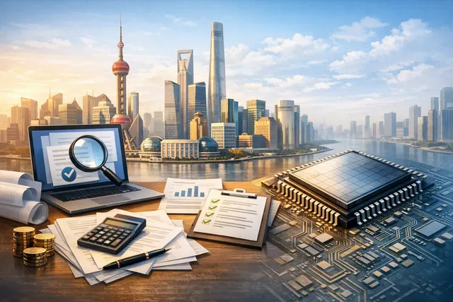AI-generated illustration of CXMT (ChangXin Memory Technologies) DRAM memory chips arranged around a Shanghai skyline and STAR Market IPO imagery, symbolizing China's challenge to