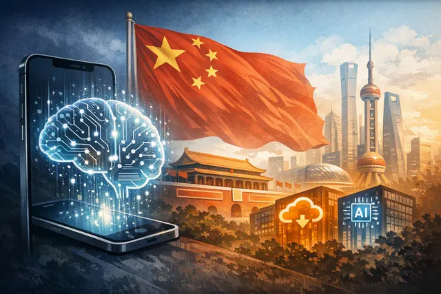 Editorial illustration of Apple Intelligence, Alibaba Qwen, and Baidu technology enabling Apple AI services in China