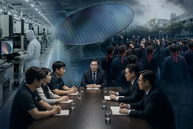 Illustration representing Samsung semiconductor workers and global chip supply tensions before the May strike