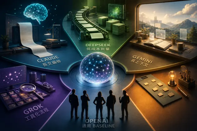 內容行銷團隊比較 OpenAI、Claude、DeepSeek、Gemini 與 Grok 的 AI 模型工作流示意圖