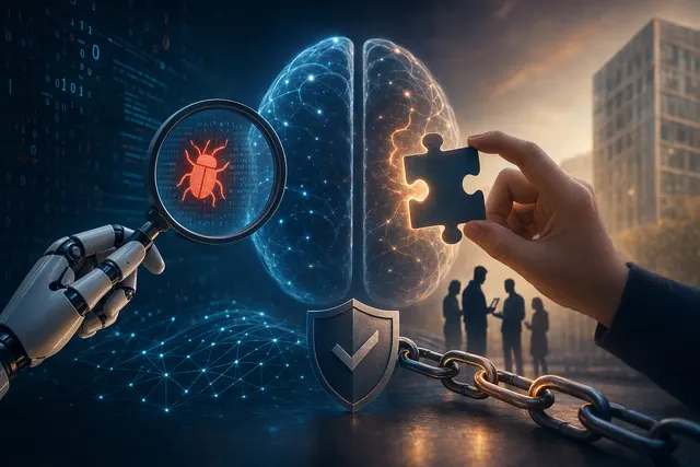 Editorial illustration accompanying an article about PHP2Shell, AI-assisted vulnerability research and coordinated patching.