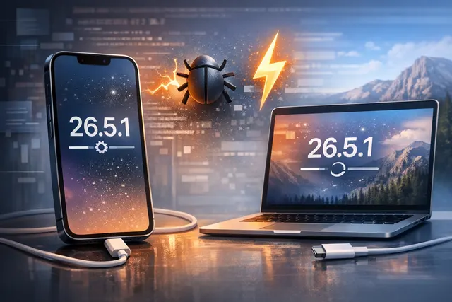 Illustration of an iPhone and Mac displaying software update icons, representing Apple’s iOS 26.5.1 and macOS Tahoe 26.5.1 bug-fix releases.