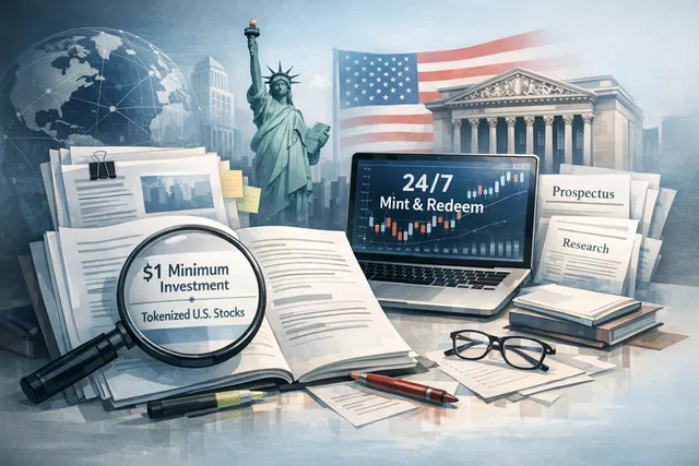 Ondo Finance 24/7 tokenized stock minting and redemption interface showing blockchain nodes, tokenized stocks, and a clock representing round-the-clock access