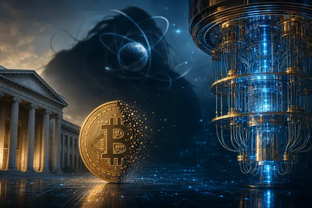 Editorial illustration of quantum computing and cryptocurrency security