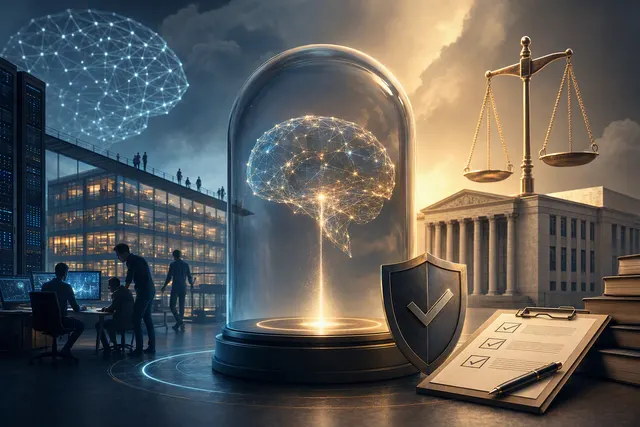 Editorial illustration representing the debate over AI safety testing and development speed
