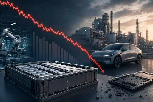 Editorial illustration for an article about CATL’s falling shares and pressure on battery margins