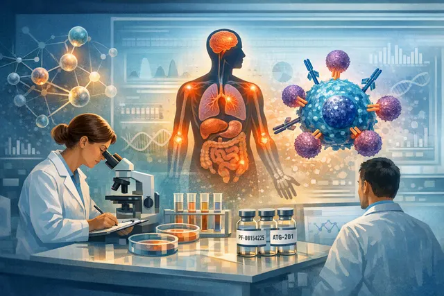 Editorial illustration comparing Pfizer PF-08154225 and Antengene ATG-201 in systemic autoimmune disease research