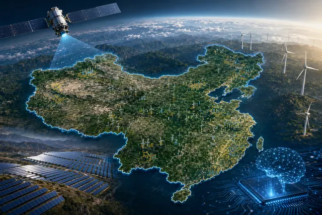 AI-generated visualization of satellite imagery mapping solar panels and wind turbines across China