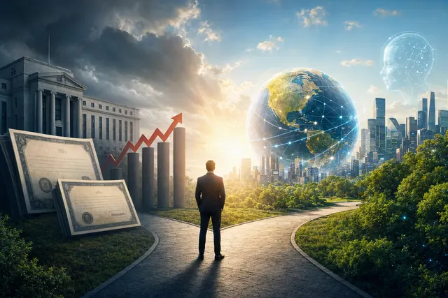 Editorial illustration representing global equities and bonds amid rising yields and economic growth