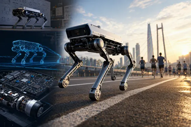 AI-generated illustration representing a four-legged robot running a marathon
