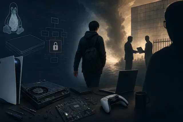 Editorial illustration of a PlayStation 5 console and Linux-themed development imagery