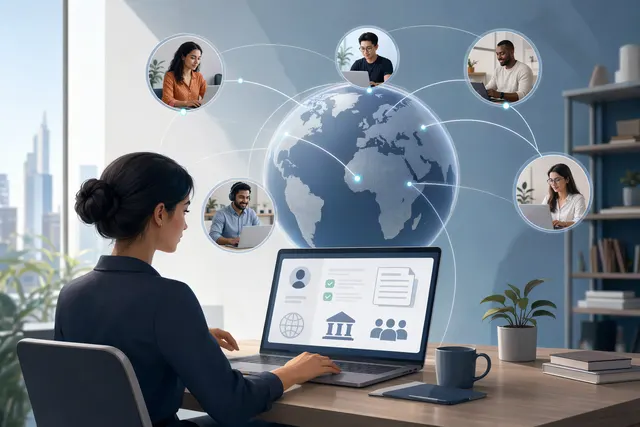 Illustration representing a global payroll platform connecting companies with remote workers across countries